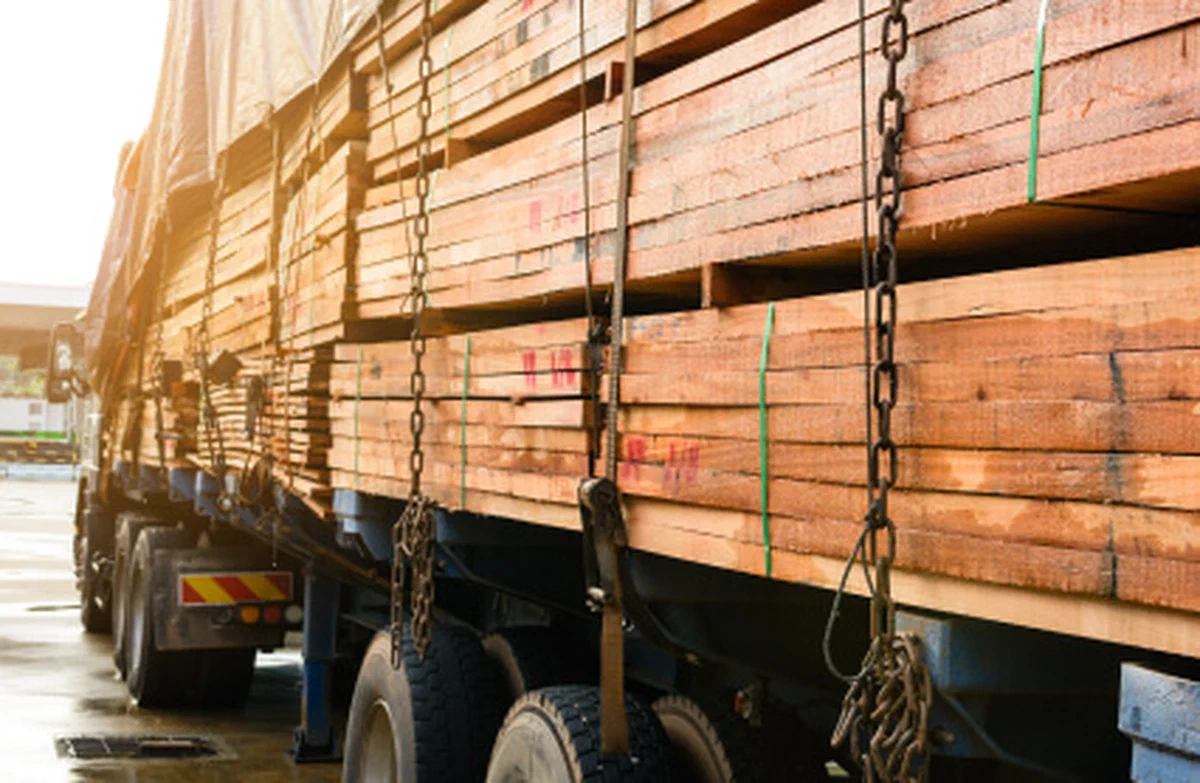 Banded lumber bundles loaded on an open trailer.